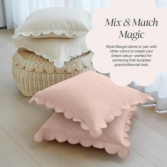 BEBE BASK Scalloped Pillow Cover - Set of 2-18 x 18 Inch - Scallop Pillow Cover - Pink Scalloped Pillows - Scallop Pillows - 100% Cotton - Grandmillennial Style (Peach Pink/Peach)