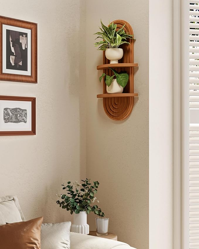 Bamworld Boho Wall Decor Brown Plant Wall Shelf Mid Century Modern Decor Hanging Plant Shelf 16.7in 2 Tier Wooden Floating Shelves for Home Bathroom Bedroom Living Room Office Holding Planter