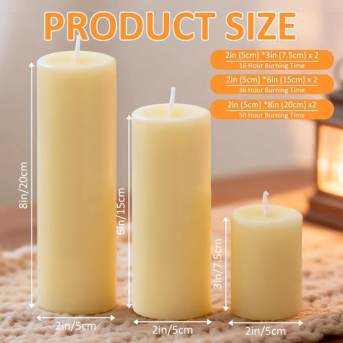 Ivory Pillar Candles, 6-Pack Bulk Set in 3 Sizes (3, 6 & 8 Inch - 2 Each). Dripless, Unscented & Smokeless Hurricane Candles for Weddings, Parties & Home Decor.