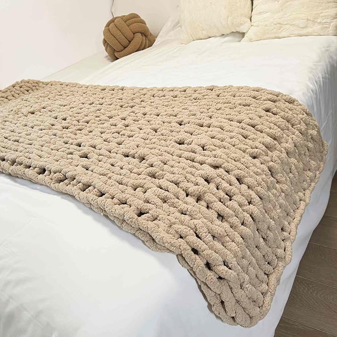 Soft Chunky Knit Throw Blanket for Couch, Cozy Warm Knitted Blankets | Hand Knit with Jumbo Chenille, Lightweight Warm Fluffy Decor for Women, Mom, Her & Girls, Sofa, Chair, Bed, 40"x60" (Tan)