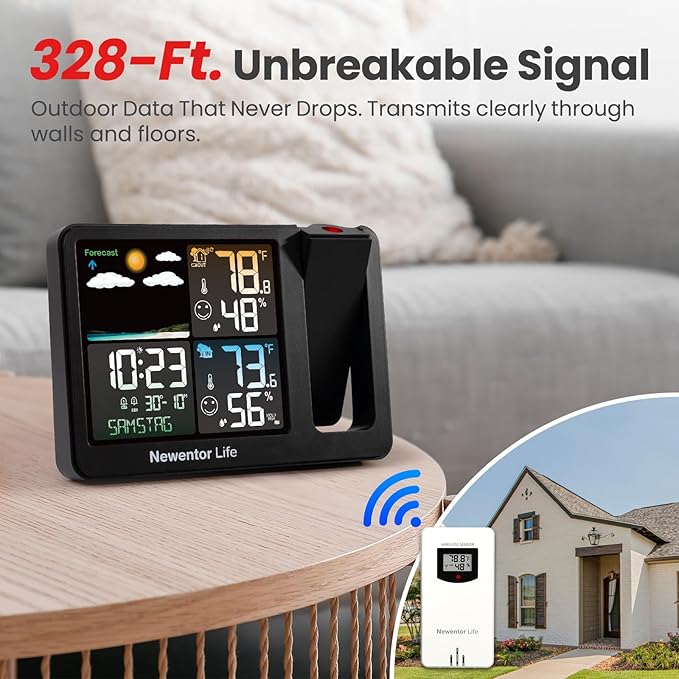 Newentor Projection Alarm Clock, Projection Clock for Bedroom Ceiling, Weather Station Thermometer with Projector Indoor Outdoor TEM&Hum, Forecast, Adjustable Backlight, Black with Red Projector