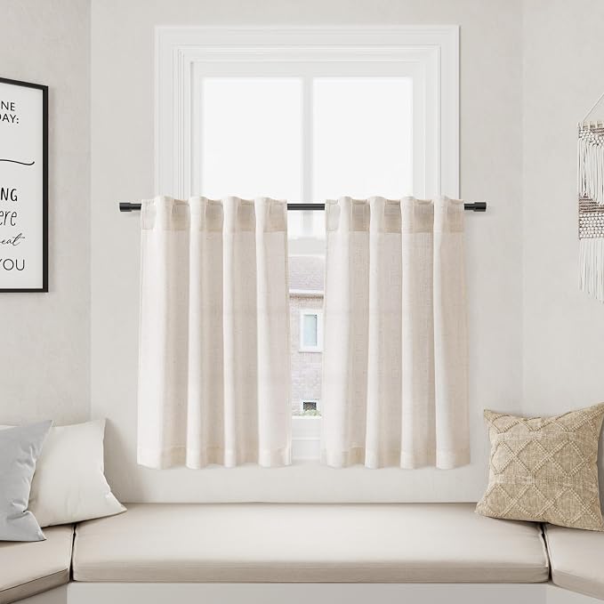 Beige Linen Kitchen Curtain 24 Inch Length 2 Panel Set Back Tab Rod Pocket Modern Neutral Short Cafe Curtains Light Filtering Sheer Small Window Treatment Tiers for Basement Camper 36Wx24L 2 FT