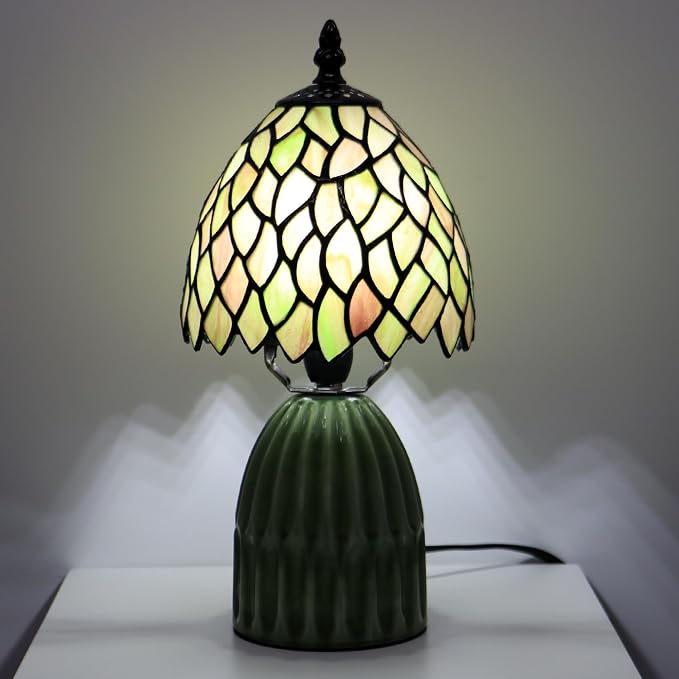 Tiffany Stained Glass Mushroom Table Lamp 12.5 Inch -Brownish Leaf | Tiffany Lamp,6X6X12.5 Inch,Small Night Light,Ceramic Base, Mini Accent Light Suitable,Bedside,Bedroom, Children Room,Antique
