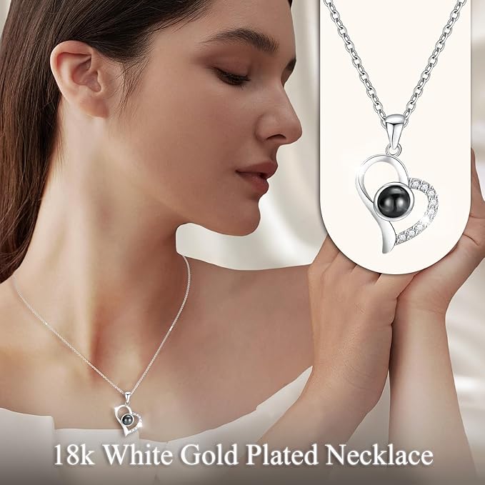 Preserved Real Rose with Heart Necklace for Her, I Love You Necklace 100 Languages Projection, for Mom Wife Girlfriend, Birthday Valentines Romantic Gifts for Women
