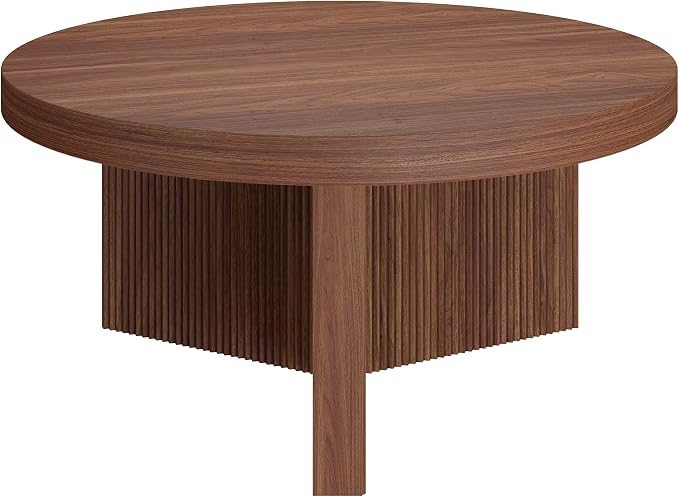 Henn&Hart 32" Fluted Round Low-Profile Coffee Table with Ribbed Pedestal Base Living Room, Family Room, Office, or Apartment, Medium Walnut