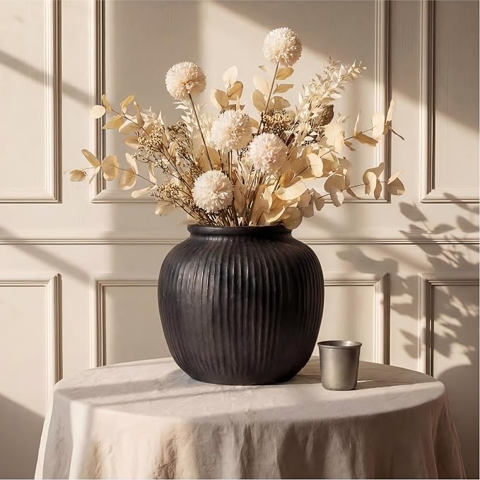 Oakrain Large Rustic Vase with Vertical Ribbed Texture, 11" Vintage Black Round Vase, Decorative Planter for Indoor, Table Centerpieces, Distressed Decor