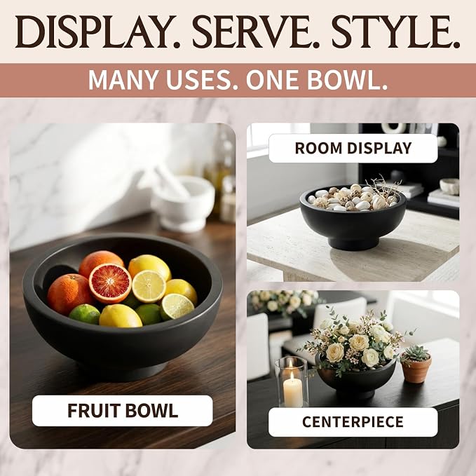 Concrete Fruit Bowl – Large Decorative Pedestal Bowl for Kitchen Counter, Entryway, or Coffee Table – Modern Catch – All Key Bowl – Heavyweight Centerpiece for Home Decor (Black)