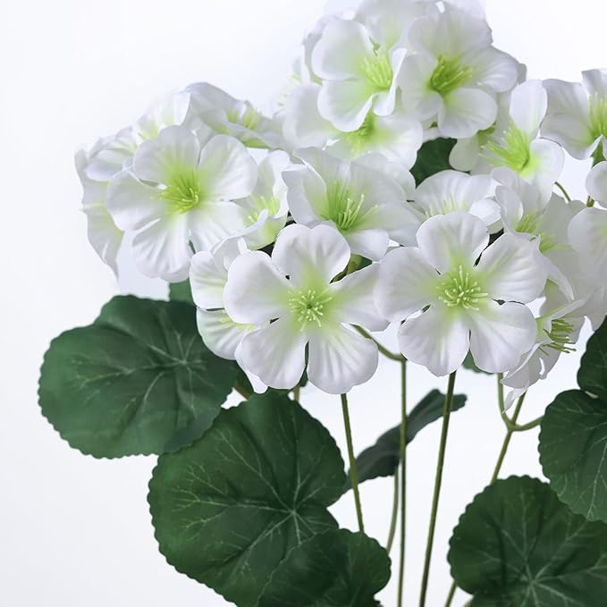 GLIDLION 12 Bundles Artificial Geranium Flowers for Spring Summer Decor, UV-Resistant Fake Plants Realistic Faux Silk Bouquets for Front Door Farmhouse Garden Porch Home Outdoor Decor (White)