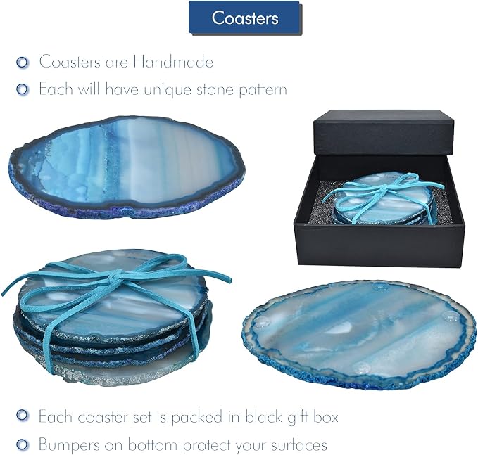 Nature's Decorations Teal Agate Stone Coasters - Set of 4, Polished Geode Drink Mats for Dining & Coffee Table & Kitchen Geode Decor Non-Toxic 3.5-4" Diameter