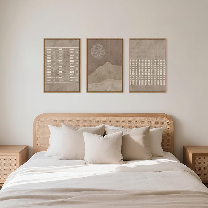 Large Mid Century Tan Beige Framed Canvas Wall Art,Neutral Geometric Lines Dots Shapes Wall Decor,Abstract Boho Sunset and Mountain Artwork for Living Room,Bedroom,Office-16 x24 x3