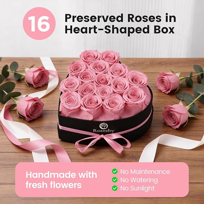 Valentines Day Flowers Roses Gifts for Her,16pcs Pink Forever Preserved Roses in Heart Shape Gift Box,Valentines Day Delivery Prime Gifts-Roses Gifts for Women,Mom.