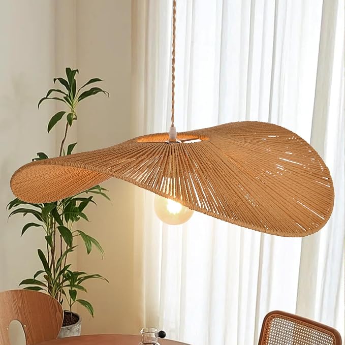 Arturesthome 23.6" Modern Paper Chandelier Rattan Pendant Lighting Large Wicker Light Fixtures Adjustable Height Hanging Lighting Fixture for Kitchen Bar Hallway