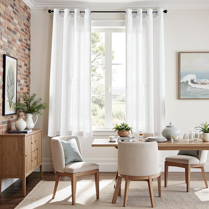 jinchan White Linen Curtains 72 Inch Long for Bedroom Dining Room 2 Panel Set Neutral Farmhouse Semi Sheer Linen Drapes Rustic Grommet Curtains Light Filtering Window Drapes Grommet 6FT