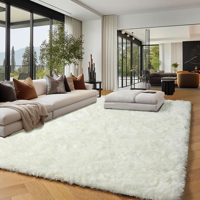 PAGISOFE White Fluffy Shag Washable Area Rugs for Living Room 5x7 Ft,Cream White Soft Shaggy Rugs for Bedroom,Office Ivory Carpet Boys Girls Dorm Pastel Rug for Kids Room Home Decor Aesthetic