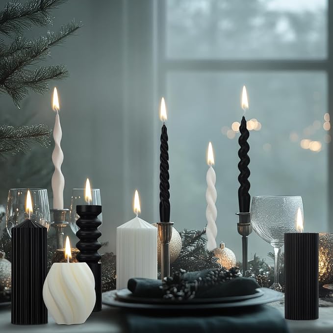 Nuanchu 9 Pcs Modern Decorative Candles Set 5 Pillar Aesthetic Ribbed Candles 4 Spiral Taper Twisted Candlesticks Scented Smokeless Soy Wax for Wedding Holiday Dinner Home Decoration(Halloween Color)