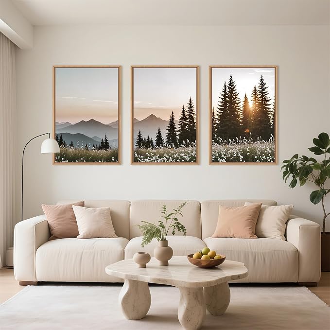 DRACIT Forest Sunlight Landscape Framed Canvas Wall Art Set,Nature Mountain Pine Tree Wall Decor,Modern Sunrise Wildflower Calming Art Printing for Living Room,Bedroom-24 x36 x3