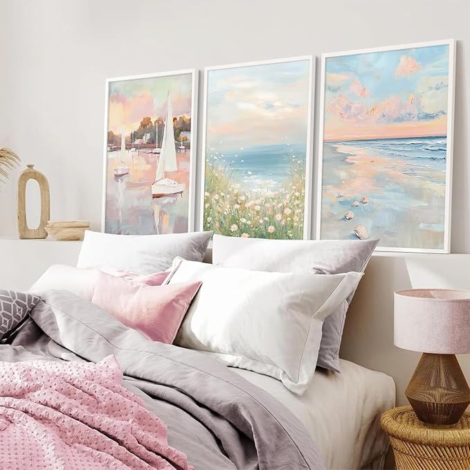 Pink Coastal Wall Art Coquette Beach Canvas Poster Summer Beachy Wall Decor Trendy Pastel Ocean Pictures Preppy Aesthetic Painting Wildflower Prints Sailboat Artwork for Bedroom 16x24 Inch Unframed