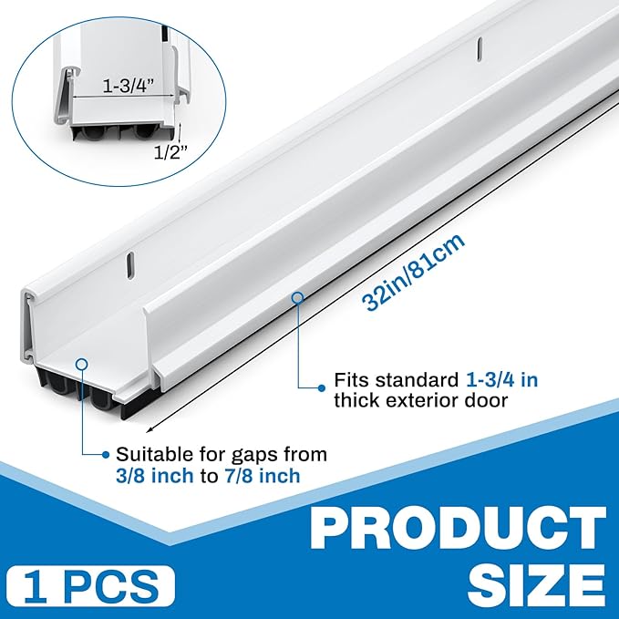FoldTier 1-3/4 x 32 Adjustable Double Bubble Door Sweep Bottom of Door, Under Doors Seal for Exterior Doors, Energy Efficient Draft Stopper, Slide to Install, Blocks Dust/Insects/Noise(White)