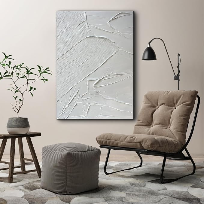 Creespi White Textured Wall Art - Hand Painted Abstract Oil Painting 28x40 inch,Contemporary Minimalist Art Painting for Wall Decor