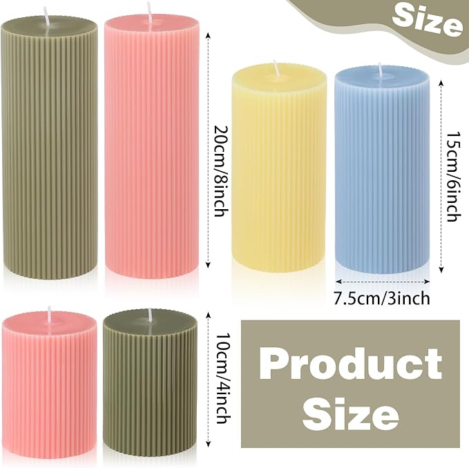 Lyrow 6 Pcs Ribbed Pillar Home Decorative Candles Aesthetic Modern Home Decor Soy Wax Unscented Pillar Candles Width 3" High 4" 6" 8" for Bathroom Living Room Wedding Dinner Party(Pastel Color)