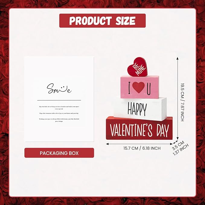 Smile Valentines Day Wooden Decoration, I Love U Happy Valentine's Day, Gift Box for Girlfriend Boyfriend Husband Wife Desk Sign Decor Home Office