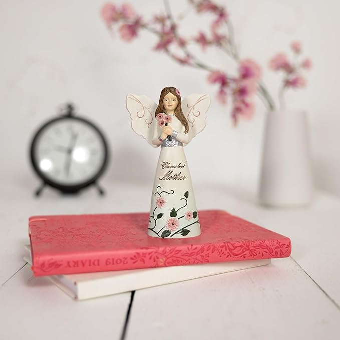 Pavilion Gift Company - Cherished Mother - 5" Angel Figurine Floral Spring Home Decor Mommy Mama Mom Present from Daughter Son Kids