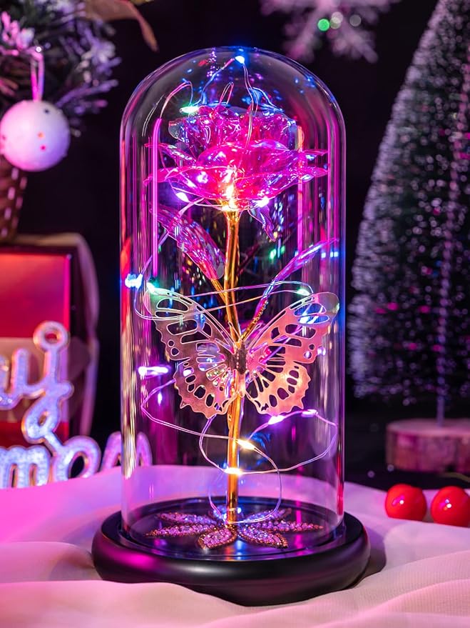 Mothers Day Flowers Gifts for Mom Women Birthday Gift, Galaxy Glass Rose Forever Eternal Crystal Flowers Rose in Glass Dome with Butterfly Mother's Day Roses Gifts for Mom Daughter Wife Grandma Pink