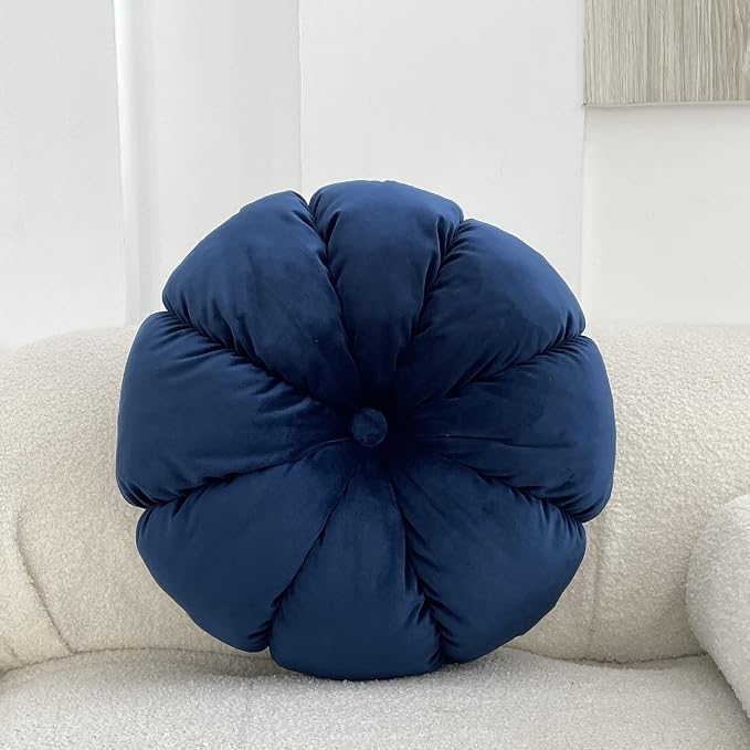 MOJUN Round Velvet Pillow Pumpkin Pleated Cushion Throw Pillow Home Decorative for Couch Chair Bed Car (Blue, 17.7 inch)