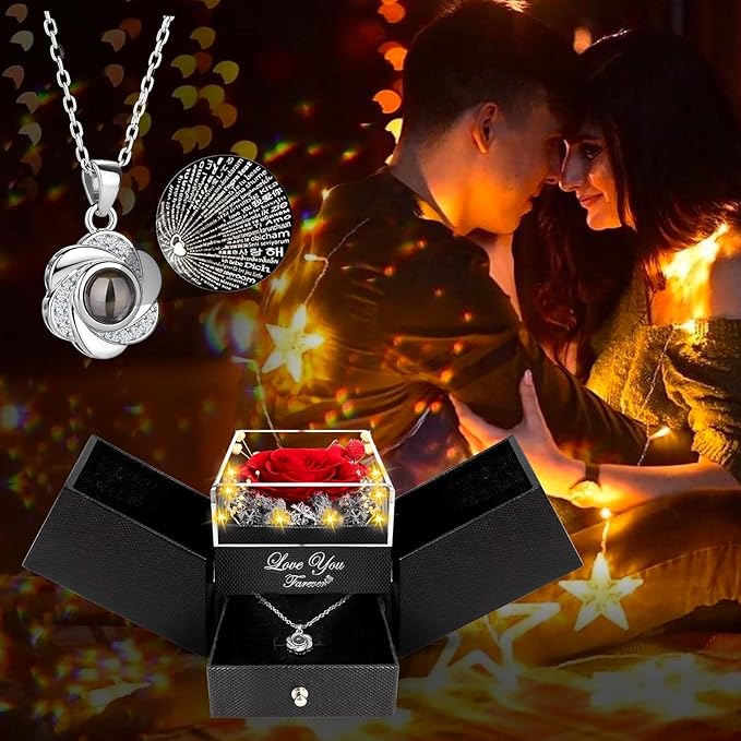 ENERLEAF Preserved Red Real Rose-Eternal Flowers Rose Gifts for Mom Grandma Wife Girlfriend on Mothers Day Birthday Valentines Christmas Anniversary Romantic Gifts for Her with I Love You Necklace