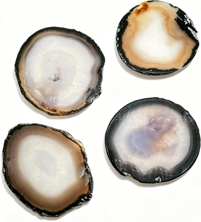 Gray Agate Coaster Drinks Crystal Cup Stone Coasters Set of 4 Geode Agate Slices with Rubber Bumpers for Coffee, Wine or Bar Glasses (4"-5")