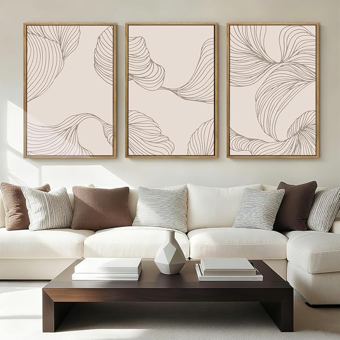 BINCUE Framed Neutral Beige Wall Art Modern Abstract Wall Decor Neutral Minimalist Artwork Modern Beige Wall Paintings Elegant Modern Art Prints for Living Room Bedroom Office 16x24 Inches Set of 3 Gift