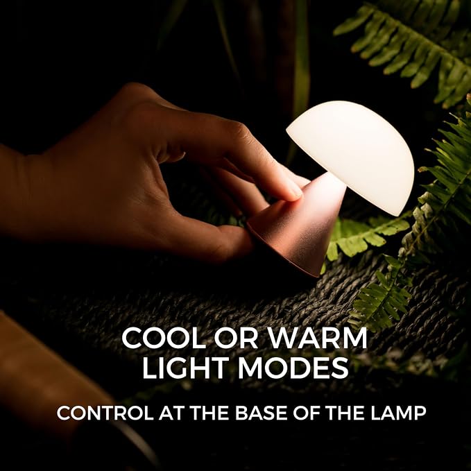 Lexon Mina Small Mushroom Lamp - LED Portable Bedside Light for Bedrooms, Kids & Nursery - Rechargeable with 12h Autonomy & Memory Dimmer, Aluminum - Bronze