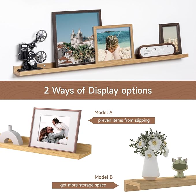 Fun Memories Picture Ledge Shelf, 48 Inch Floating Shelves Set of 2, Large Nursery Book Shelves for Toys Storage, Kids Bookshelf Wall Mounted for Wall Decor Books Photo Frames, Oak