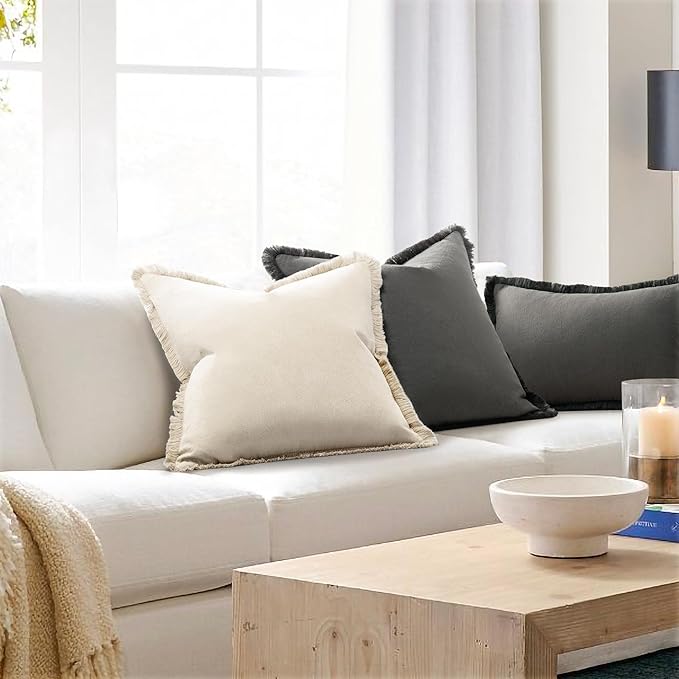 ZWJD Pillow Covers 26x26 Set of 2 Throw Pillow Covers with Fringe Chic Cotton Euro Shams Square Cushion Covers for Couch Sofa Bed Living Room Farmhouse Boho Decor, Beige