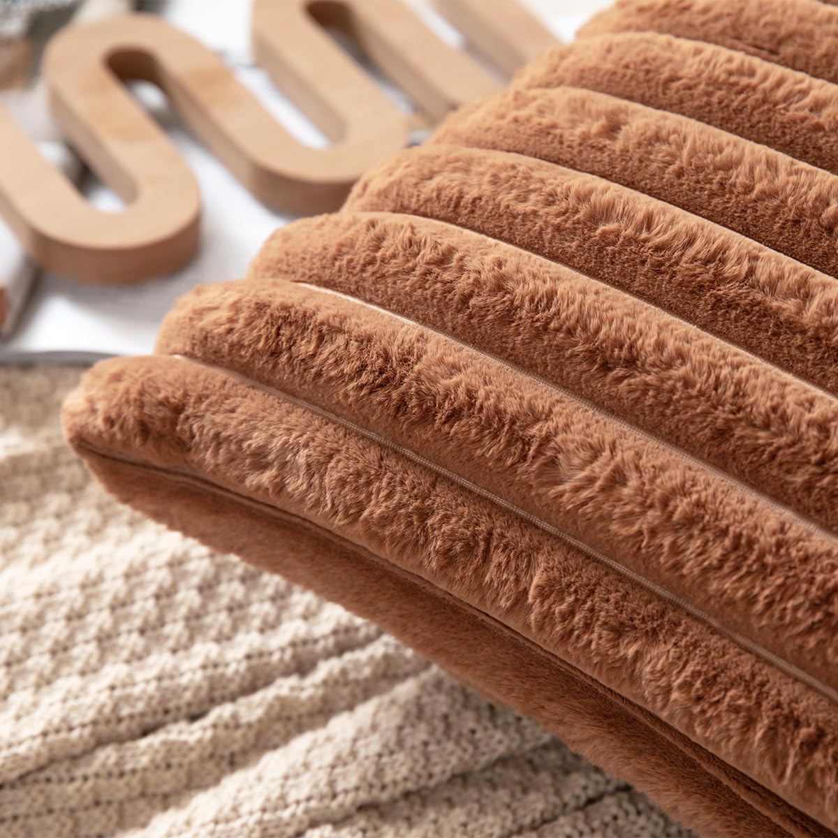 DEELAND Pack of 2,Double-Sided Faux Fur Plush Decorative Throw Pillow Covers Fuzzy Striped Soft Pillowcase Cushion Covers for Sofa Couch Bedroom Brown 20x20 inch