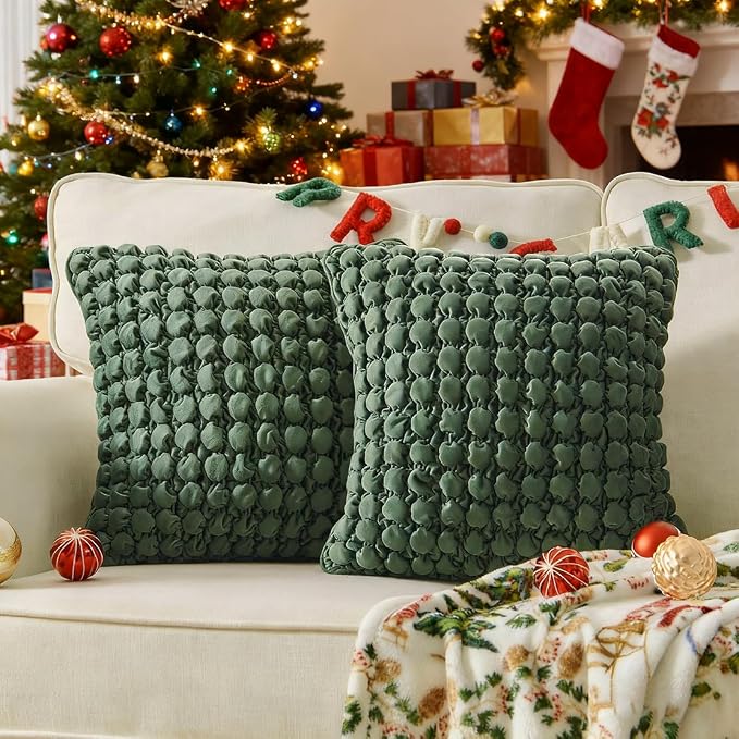 Christmas Pillow Cover 24x24 1 Piece Velvet Euro Sham Decorative Farmhouse Pillowcase Boho Square Cushion Covers Soft Bubble Texture for Couch Sofa Bed Bedroom Car Living Room,Green