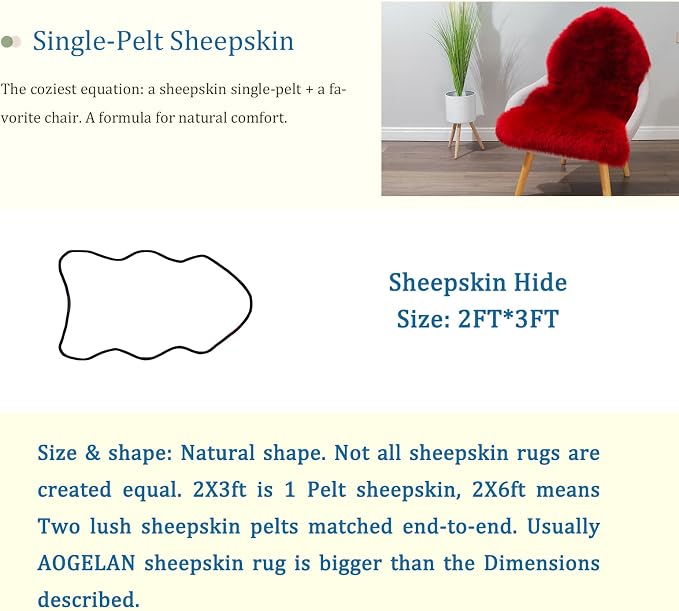 Red Genuine Sheepskin Rug, Fluffy Shaggy Fur Fuzzy Area Rug for Bedroom Living Room Soft Fur Wool Pray Pup Area Cushion Carpet, Chair Sofa Seat Cover, Single Pelt/2FT*3FT