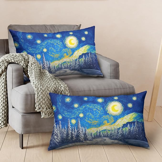 Winter Pine Forest Pillow Covers Van Gogh Starry Night Lumbar Throw Pillow Covers Christmas Tree Pillowcase 12x20 Set of 2 Rectangular Cushion Case for Living Room Couch Sofa