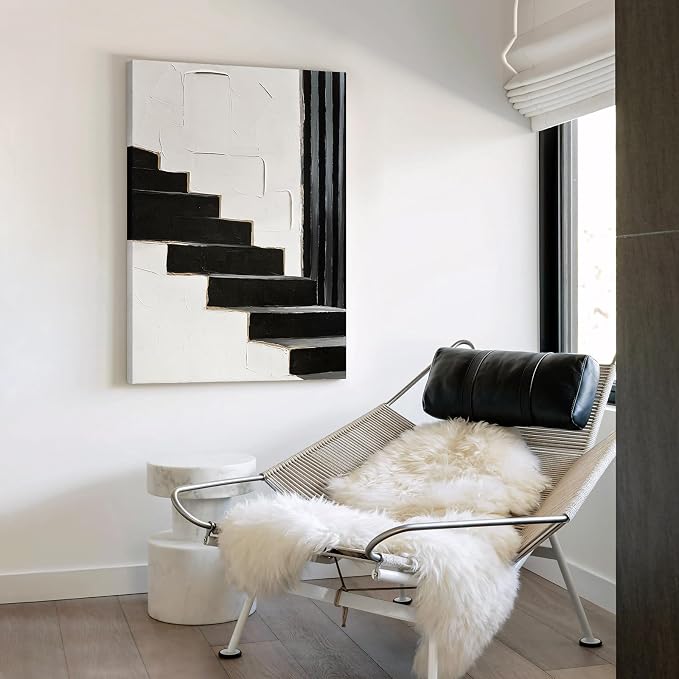 Modern Minimalist Abstract Black & White Canvas Wall Art for Living Room | Large 3D Textured Oil Painting Artwork for Bedroom Dining Room Office Hallways, Neutral Geometric Wall Decor 24x36 Inch