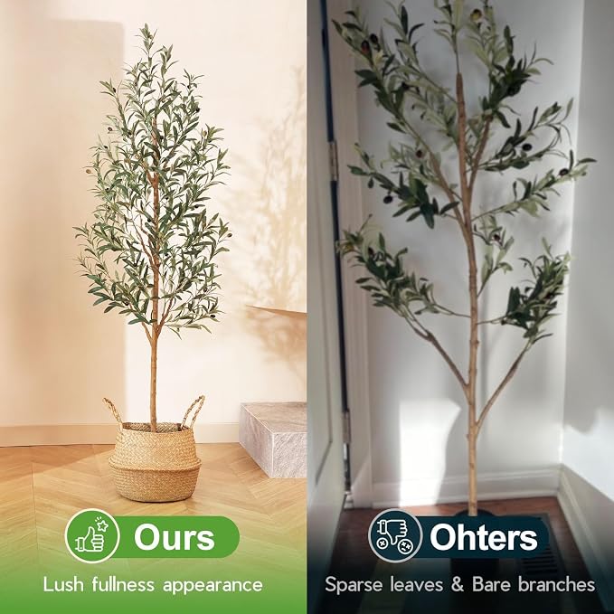 Faux Olive Tree 6FT – Tall Artificial Plants Indoor with Real Wood Trunk & Seagrass Basket, Lifelike Silk Leaves & Fruits – Potted Large Fake Trees for Home, Living Room, Bedroom & Office Decor