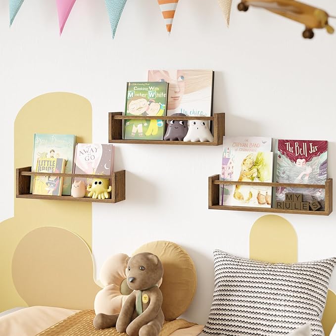 Fixwal Nursery Book Shelves, 16.5 Inch Floating Bookshelves for Wall Set of 3, Baby Nursery Decor, Solid Wood Wall Mounted Shelves for Books, Toys and Decor Storage (Brown)