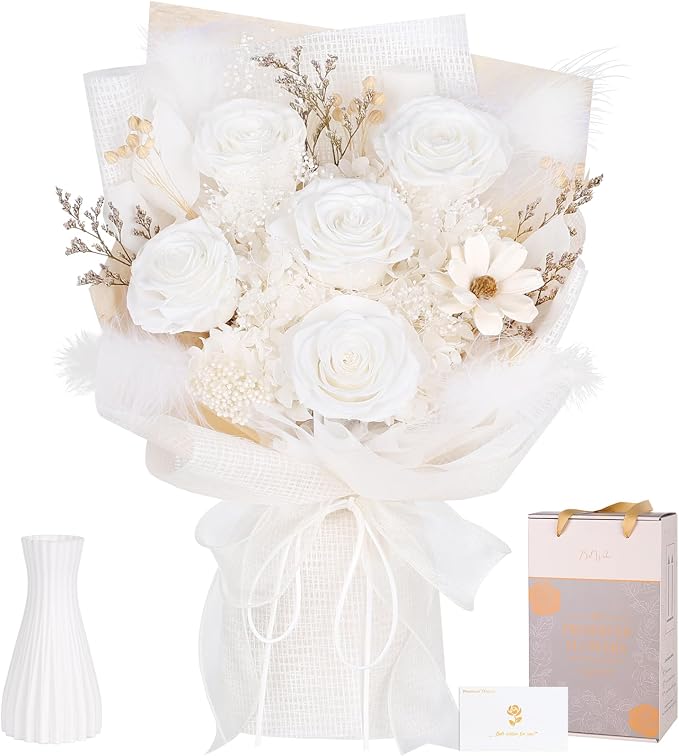 Preserved Bouquet of Flowers - 5 Roses & Flowers for Delivery, Real White Forever Flower, Eternal Roses Bouquet, Mothers Day Gifts for Mom Grandma Wife, Anniversary Birthday Gifts for Women