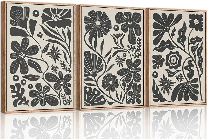 Black Floral Botanical Framed Canvas Wall Art Set, Abstract Floral Market Wall Decor, Modern Vintage Wall Painting, Boho Minimalist Art Print for Living Room Girl Room Office 16"x24"x3