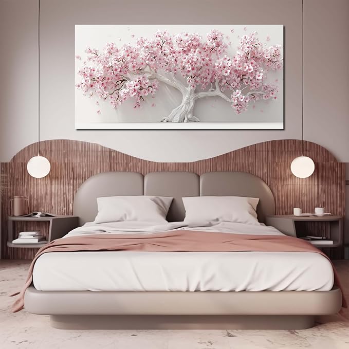 AOZEMI White Wall Art for Living Room Bedroom Home Office Pink Wall Decor Large Tree Pictures Art Flower Artwork Modern Floral Canvas 29"x 59"
