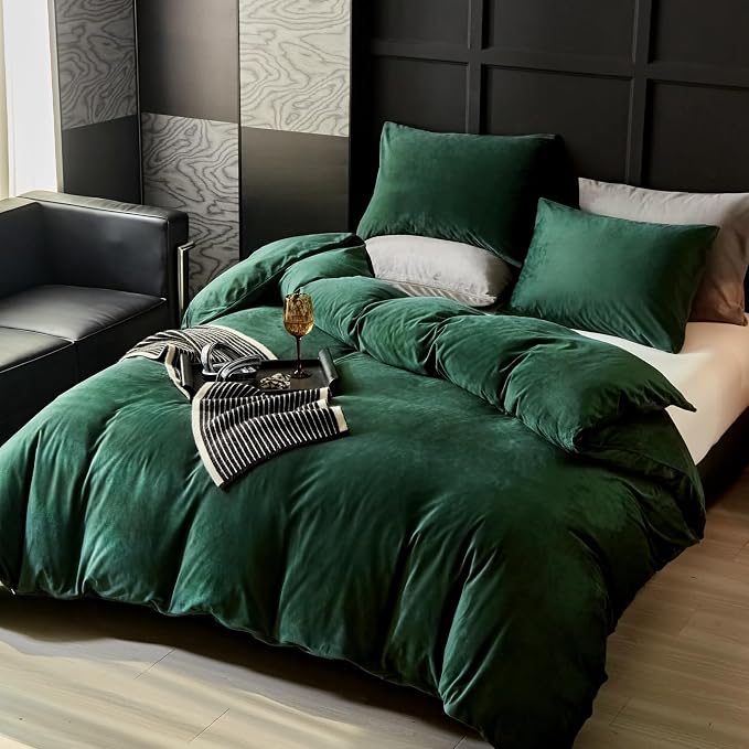 WARMDERN Emerald Green Flannel Velvet Duvet Cover King Size Duvet Cover Bedding Sets, 3pcs Ultra Soft Luxury Textured Modern Crystal Velvet Duvet Covers with Zipper Closure(Emerald Green, King)
