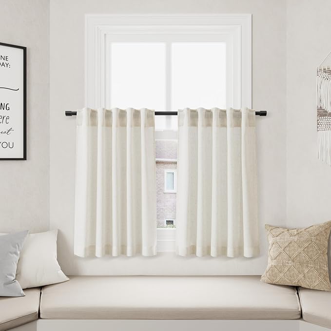 Nanspring Linen Kitchen Curtains 36 Inch Length Curtains Small Window Drapes Cafe Light Filtering Flax Country Rustic Cream Curtain with Back Tab Pocket Country Rustic 2 Panels 28Wx36L