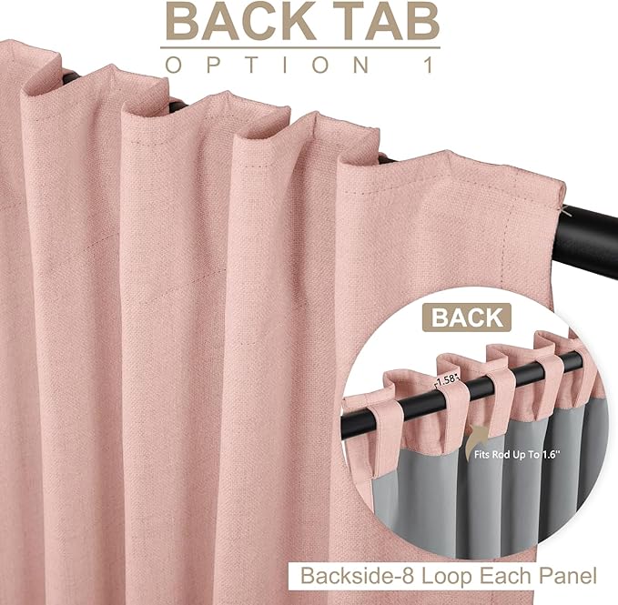 100% Blackout Shield Linen Blackout Curtains for Bedroom 90 Inches Long, Back Tab/Rod Pocket Living Room Drapes, Thermal Insulated Blackout Curtains 2 Panels Set, 50" W x 90" L, Blush Pink