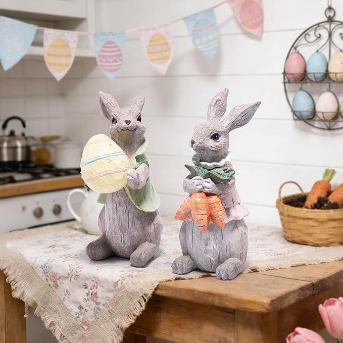 Hodao Easter Bunny Decorations Spring Home Decor Bunny Figurines Gifts (Easter Gray Rabbit 2pcs)