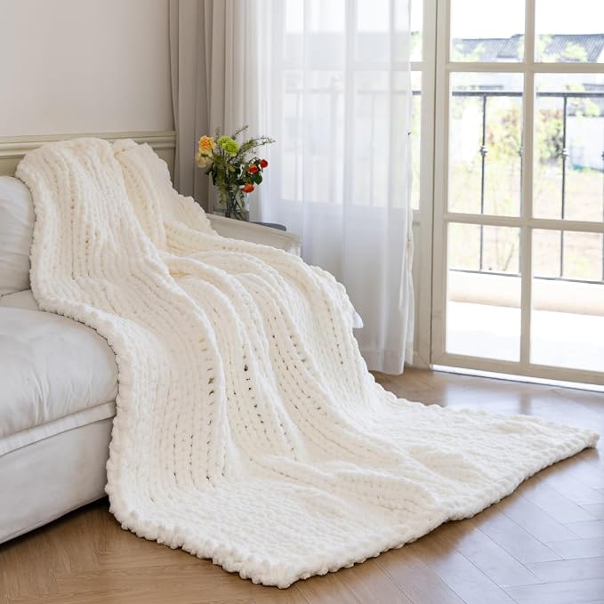 Chunky Knit Blanket - Luxury Soft Cozy 60 * 80 Throw Blanket,100% Woven Blanket Rope Knot Throw Blanket for Couch, Sofa, Home Decor, Gift - Machine Washable (Ivory White, 60 * 80)