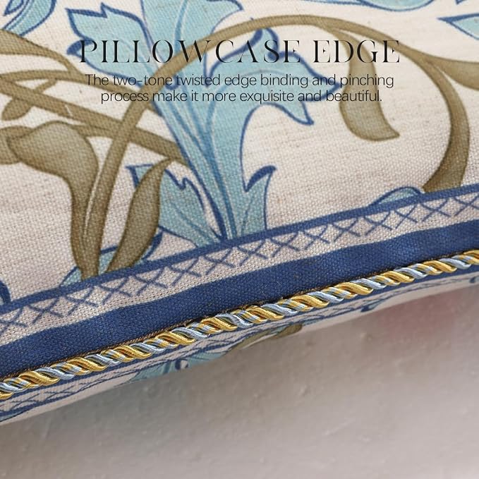 patdrea Designer Vintage Linen Throw Pillow Cover,12"x20",Set of 2-Fromm A | Luxury Decorative Pillow Case with Zipper,Blue Floral Pattern,Pillow Cover for Couch Living Room Bedroom Sofa